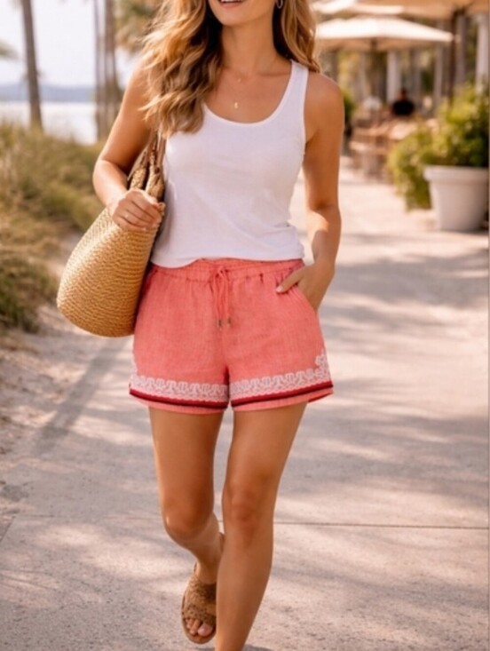 Anthropologie Pants - Anthropologie Women's Beachcomber Linen Coral Boho Embroidered Shorts Size Small